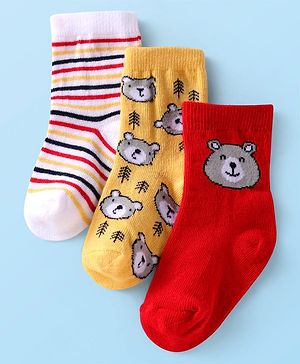Cute Walk by Babyhug Knit Ankle Length Socks With Stripes & Animal Design Pack of 3 - Red Yellow & White