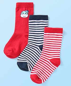 Cute Walk By Babyhug Cotton Knit Anti-Bacterial Ankle Length Socks With Stripe Design Pack of 3 - Red & Navy Blue
