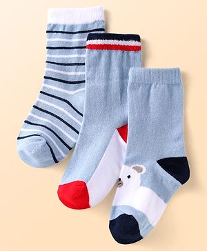 Cute Walk by Babyhug Knit Ankle Length Socks With Stripes & Animal Design Pack of 3 - Light Grey Red & Navy Blue