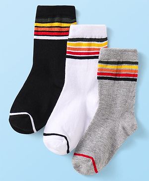 Cute Walk By Babyhug Cotton Knit Anti-Bacterial Ankle Length Solid Socks With Stripe Design Pack of 3 - White Black & Grey