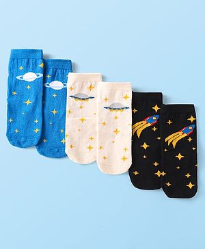 Cute Walk By Babyhug Cotton Knit Anti-Bacterial Ankle Length Socks With Space Design Pack of 3 - Black Blue & White