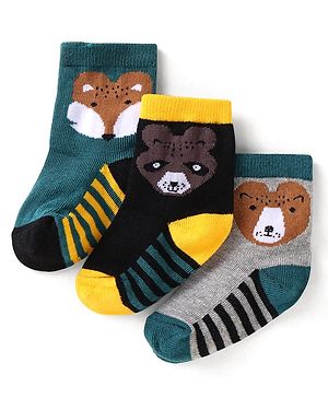 Cute Walk by Babyhug Ankle Length Antibacterial Socks with Stripes & Animal Design Pack of 3 - Teal Blue