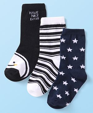 Cutewalk By Babyhug Cotton Knit Anti-Bacterial Ankle Length Stripe & Star Design Socks Pack of 3 - Black & White