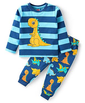 Babyhug Cotton Knit Full Sleeves Night Suit With Stripes & Dino Print - Blue