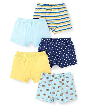 Babyhug 100% Cotton Knit Solid Striped & Bear Printed  Trunks Pack of 5 - Light Blue Navy & Yellow