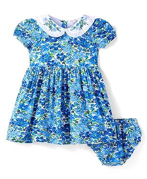 Babyhug Rayon Woven Half Puffed Sleeves Floral Printed Frock Peter Pan Collar & Bloomer - Blue