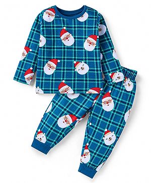 Babyhug Cotton Knit Full Sleeves Santa Claus Printed Night Suit - Royal Blue