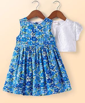 Babyhug Rayon Woven Floral Printed Frock With Half Sleeves Jacket With Lace Detailing - Blue