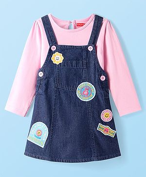 Babyhug Cotton Woven Full Sleeves Solid Colour T-Shirt & Frock With Text Patch - Pink
