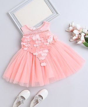 The Magic Wand Sleeveless Pearls & Heart Bodice Embellished Flared Dress - Peach