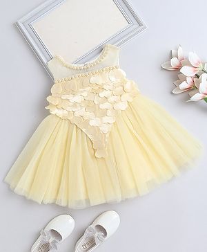 The Magic Wand Sleeveless Pearls & Heart Bodice Embellished Flared Dress - Yellow