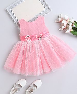 The Magic Wand Sleeveless Dots Embroidered & Flower Applique Detailed Net Dress - Pink