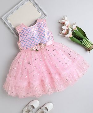 The Magic Wand Sleeveless Sequins Embellished Floral Applique Detailed Net Dress - Pink