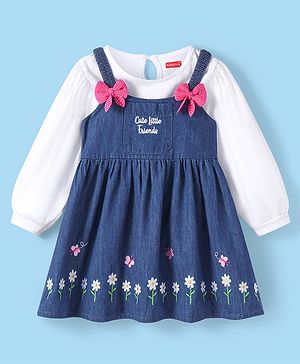 Babyhug Cotton Woven Floral Embroidered Frock With Full Sleeves Inner Tee & Bow Applique - White & Blue