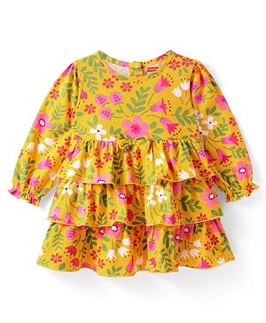 Babyhug Cotton Knit Full Peasant Sleeves Floral Printed Layered Frock & Bow Applique  - Yellow