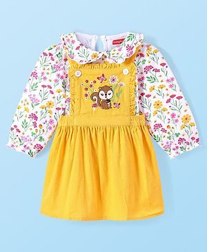 Babyhug Cotton Woven Full Sleeves Floral Printed T-Shirt With Peter Pan Collar & Squirrel Embroidered Frock - Yellow