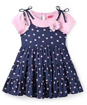 Babyhug Rayon Woven Half Sleeves T-Shirt & Floral Printed Frock with Applique - Navy Blue