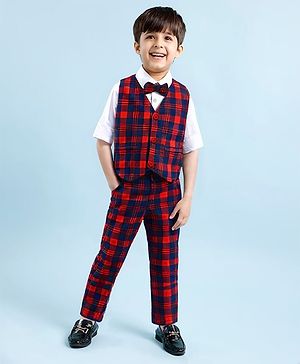 Babyhug Woven Full Sleeves Checkered 3 Piece Party Suit With Bow - Maroon