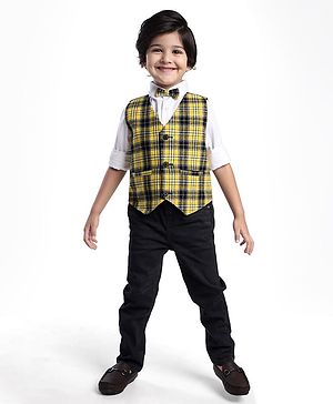 Babyhug Woven Full Sleeves Checkered 3 Piece Party Suit with Bow - Yellow & Black