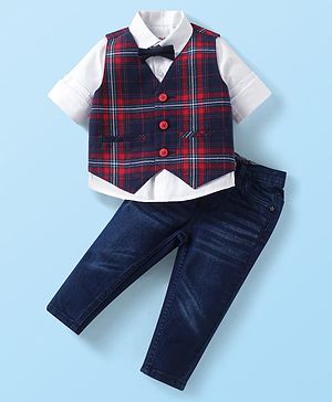 Babyhug Woven Full Sleeves Solid Shirt & Jeans With Checks Waistcoat & Bow - Maroon & Navy Blue