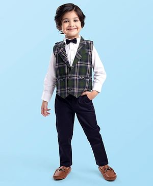 Babyhug Woven Full Sleeves Checks 3 Piece Party Suit - Green White & Navy