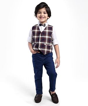 Babyhug Woven Full Sleeves Checkered 3 Piece Party Suit with Bow - Grey & Navy Blue
