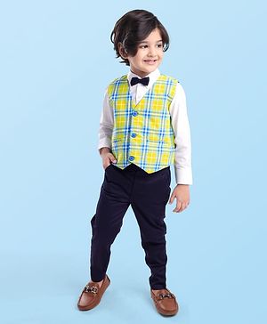Babyhug Woven Full Sleeves Checkered 3 Piece Party Suit with Bow - Yellow