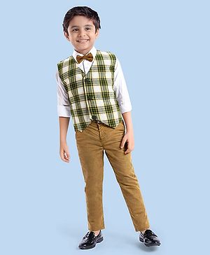 Babyhug Woven Full Sleeves Checkered 3 Piece Party Suit With Bow - Olive Green