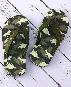 Pine Kids Slip On Flip Flops with Dino Print - Olive Green