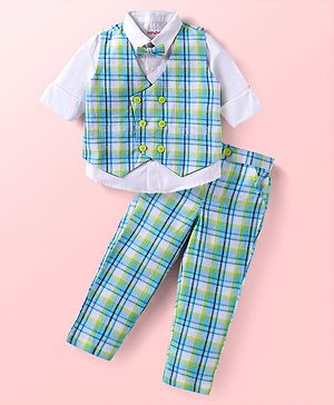 Babyhug Woven Full Sleeves Checkered 3 Piece Party Suit With Bow - Turquoise