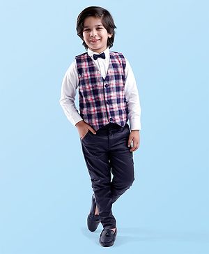 Babyhug Woven Full Sleeves Checkered 3 Piece Party Suit With Bow - Navy Blue & Red