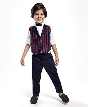 Babyhug Woven Full Sleeves Stripes 3 Piece Party Suit with Bow - Red & Navy Blue