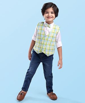Babyhug Woven  Full Sleeves Shirt & Jeans With Checkered Waistcoat & Bow  - Light Green Blue & White