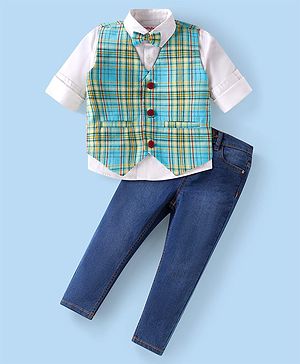 Babyhug Woven Full Sleeves Checkered 3 Piece Party Suit with Bow - Light Blue