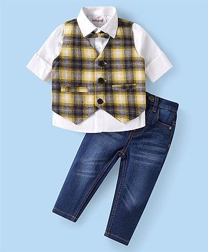 Babyhug Woven Full Sleeves Checkered 3 Piece Party Suit with Bow - Mustard