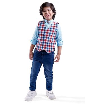 Babyhug Woven Full Sleeves Solid Color Shirt & Jeans with Bow & Checkered Waistcoat - Red & Blue
