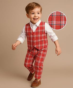 Babyhug Woven Full Sleeves Checkered 3 Piece Party Suit - Rust Orange