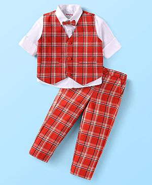 Babyhug Woven Full Sleeves Checkered 3 Piece Party Suit With Bow - Red