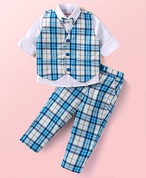 Babyhug Woven Full Sleeves Checkered 3 Piece Party Suit With Bow - Blue