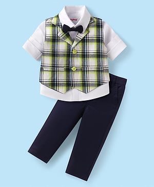 Babyhug Woven Full Sleeves Checks 3 Piece Party Suit With Bow - Olive White & Navy
