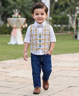 Babyhug Woven Full Sleeves Checks 3 Piece Party Suit With Bow - White
