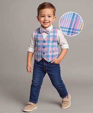 Babyhug Woven Full Sleeves Checkered 3 Piece Party Suit With Bow - White