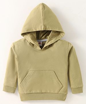 Zero Cotton Knit Full Sleeves Solid Color Hooded Sweatshirt with Kangaroo Pockets - Olive Green