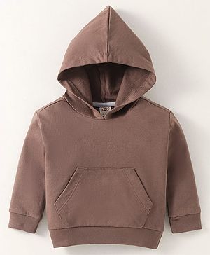 Zero Cotton Knit Full Sleeves Solid Color Hooded Sweatshirt with Kangaroo Pockets - Brown