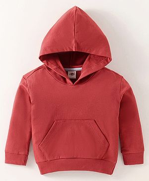 Zero Cotton Knit Full Sleeves Solid Color Hooded Sweatshirt with Kangaroo Pockets - Red