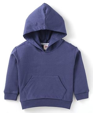 Zero Cotton Knit Full Sleeves Solid Color Hooded Sweatshirt with Kangaroo Pockets - Navy Blue