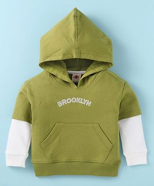 Zero Cotton Knit Full Doctor Sleeves Hooded Sweatshirt with Text Embroidery & Kangaroo Pockets - Green