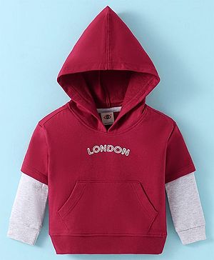 Zero Cotton Knit Full Doctor Sleeves Hooded Sweatshirt with Text Embroidery & Kangaroo Pockets - Dark Red