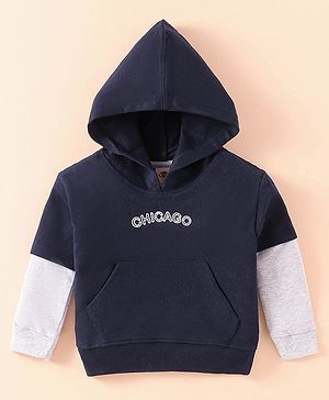 Zero Cotton Knit Full Doctor Sleeves Hooded Sweatshirt with Text Embroidery & Kangaroo Pockets - Navy Blue