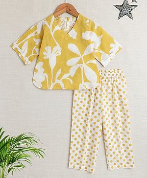 The Magic Wand Full Sleeves Floral Designed Kurta With Polka Dots Printed Pant Set - Yellow